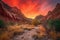 ethereal sunrise, illuminating fiery canyon landscape