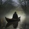 Ethereal Twilight Passage: Hooded Ferryman Guiding Through Enchanted Waters