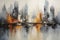 Ethereal Urban Tale: Abstract Cityscape in Deep Oil Brushwork