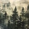 Ethereal Vintage: Misty Spruce Forest Monotype Print