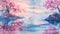 Ethereal watercolor landscape of cherry blossom trees by a serene lake. Pink blooms adorn a tranquil setting