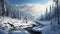 Ethereal Winter Landscape: Quebec Province\\\'s Snowy River Surrounded By Trees