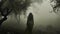 Ethereal Woman In Long Dress Amidst Foggy Trees