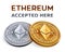 Ethereum. Accepted sign emblem. Crypto currency. Golden and silver coins with Ethereum symbol on white background. 3D iso