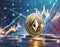 an Ethereum coin with diamond-shaped logo on dynamic backdrop of a financial growth chart