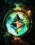 Ethereum cryptocurrency concept and maya calendar, graphic collage in cosmic space.