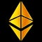 Ethereum ETH golden symbol in front view isolated on black. Design element