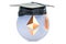 Ethereum with graduation cap, mining education concept. 3D rendering