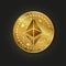 Ethereum vector illustration. Golden realistic coin. Cryptocurrency Ether on black background. Digital currency. ETH digital coin