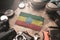 Ethiopia Flag Between Traveler`s Accessories on Old Vintage Map. Tourist Destination Concept