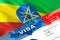 Ethiopia immigration visa. Closeup Visa to Ethiopia focusing on word VISA, 3D rendering. Travel or migration to Ethiopia