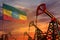 Ethiopia oil industry concept. Industrial illustration - Ethiopia flag and oil wells with the red and blue sunset or sunrise sky