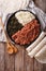 Ethiopian cuisine: kitfo with herbs and cheese. Vertical top vie