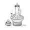 Ethiopian vintage coffeepot with a hot drink and figured pottery folk cup. National coffee ware. Vector sketch drawing