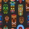 Ethnic african or mexican aborigen masks vector seamless pattern. Afro totem or warriors wooden ornament masks with