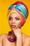 Ethnic afro american woman on yellow background