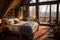 Ethnic bedroom in the barn house with dressed bed, large window, exposed timbers and sloping ceiling. Generative AI