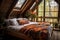 Ethnic bedroom in the barn house with dressed bed, large window, exposed timbers and sloping ceiling. Generative AI