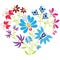 Ethnic folk floral pattern in heart shape on white background