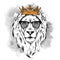 Ethnic hand drawing head of lion wearing crown and in the glasses. It can be used for print, posters, t-shirts. Vector illustratio