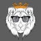 Ethnic hand drawing head of lion wearing a crown and in the glasses. totem / tattoo design. Use for print, posters, t-shirts.