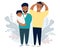 Ethnic male couple with a baby. Two sad and frightened men are holding a crying newborn. Vector illustration. LGBT