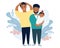 Ethnic male couple with a baby. Two sad and frightened men are holding a crying newborn. Vector illustration. LGBT