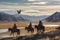 Ethnic Mongols in the steppe on horseback. Neural network AI generated