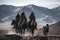 Ethnic Mongols in the steppe on horseback. Neural network AI generated