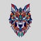 Ethnic patterned head of Wolf Front view Blue Line Colour