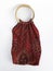 Ethnic red fabric bag with embroidery and round wooden handle on a white background. Close up vintage, modern and elegant handmade