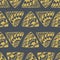 Ethnic seamless pattern of gold doodle triangles on gray background.