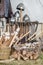 Ethnic souvenirs on the market counter. Ancient weapons and armor