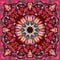 Ethnic square rug with ornamental paisley border, stylized mandala and beautiful flowers.