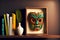 ethnic traditional multi-colored tiki mask in frame on shelf