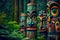 ethnic wooden idols totems of indians tiki mask in forest