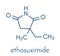 Ethosuximide anticonvulsant drug molecule. Used in treatment of absence seizures. Skeletal formula.