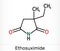 Ethosuximide, C7H11NO2 molecule. It is succinimide based anticonvulsant, useful in the treatment of absence seizures. Skeletal
