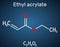 Ethyl acrylate molecule. Structural chemical formula on the dark blue background