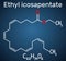 Ethyl eicosapentaenoic acid icosapent ethyl molecule. Structural chemical formula and molecule model on the dark blue background