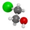 Ethylene chlorohydrin molecule. Side product formed during ethylene oxide sterilization. 3D rendering. Atoms are represented as