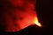 Etna panoramic view during a suggestive explosion of incandescent lava in the dark night during an intense eruption