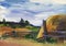 Etude Rural landscape with hay stack. Field, sky, fence. Watercolor drawing