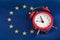 EU flag and vintage alarm clock. Close up. Time to join the EU concept