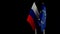 EU and Russia flags on black background. Sanctions pressure, politics concept photo. Europe union vs Russia. Copy space
