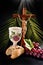 Eucharist symbol with bread  grape and cross with Jesus on black background