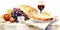 Eucharistic symbols. Lord\\\'s supper symbols: Bible, wine glass and bread on the table. Digital watercolor painting,