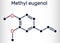 Eugenol, clove essential oil molecule. Is used as flavoring for foods and teas and as herbal oil  to treat toothache. Skeletal