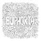 Euphoria hand drawn word with flowers, antistress coloring page for adults