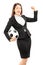 Euphoric businesswoman holding a soccer ball and gesturing